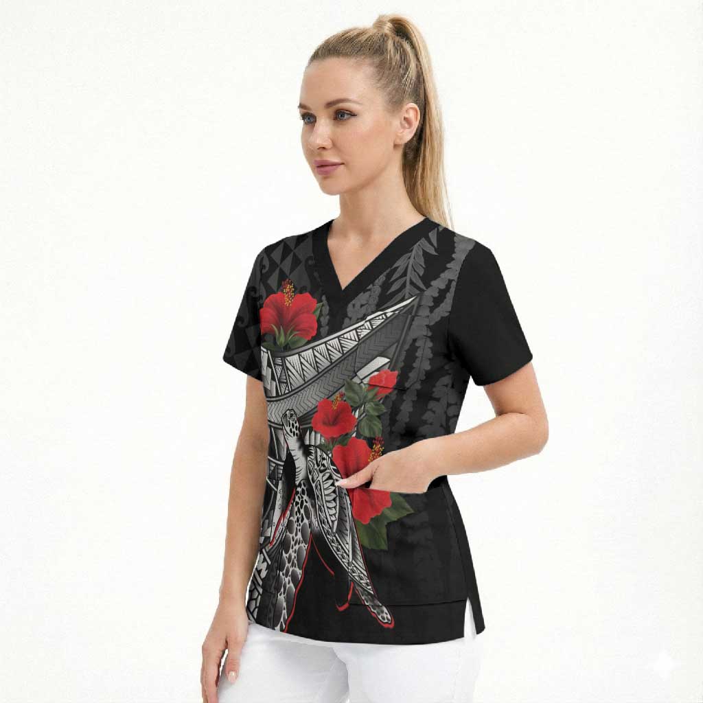 Hawaiian Honu Personalized Scrub Top Black Tribal Hook Pattern
