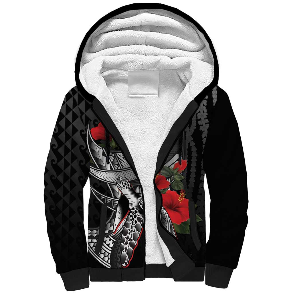 Hawaiian Honu Personalized Sherpa Hoodie Black Tribal Hook Pattern