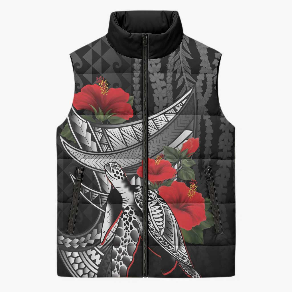 Hawaiian Honu Personalized Sleeveless Puffer Jacket Black Tribal Hook Pattern