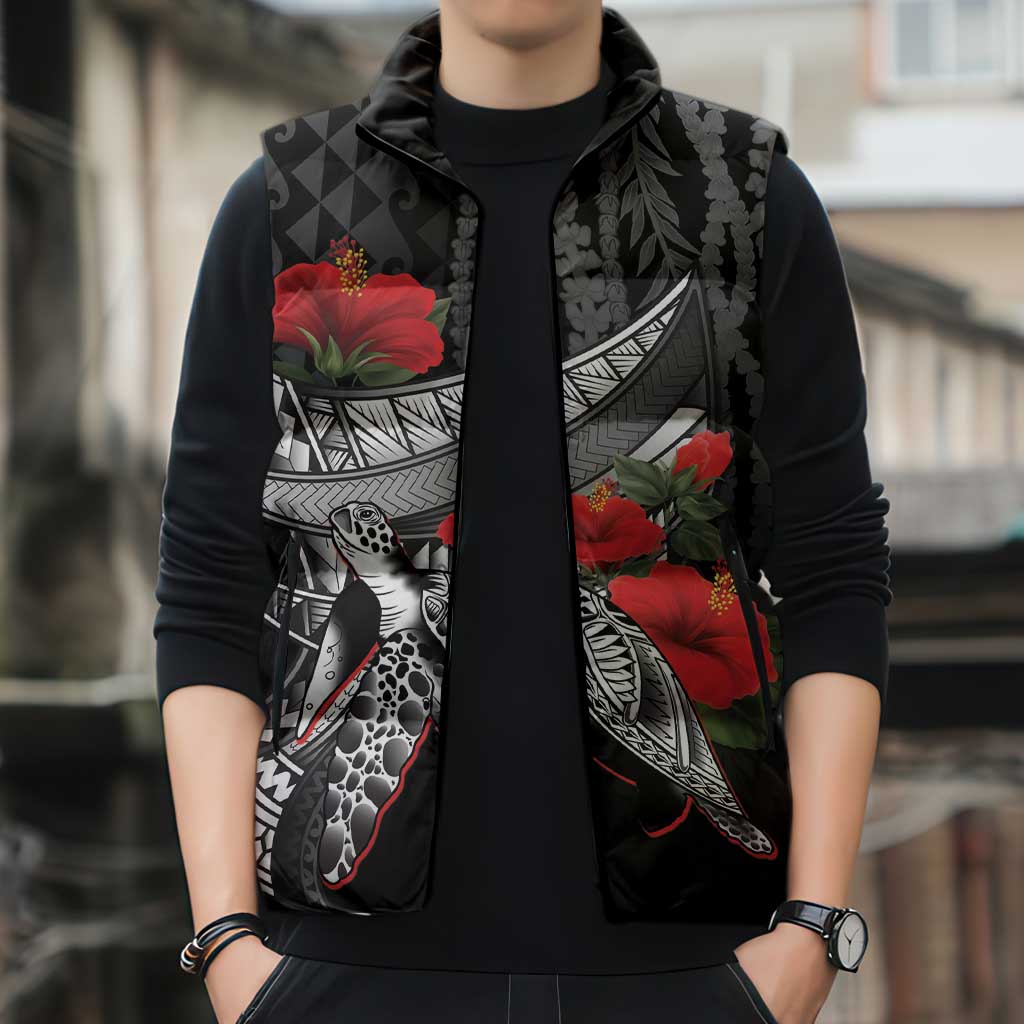 Hawaiian Honu Personalized Sleeveless Puffer Jacket Black Tribal Hook Pattern