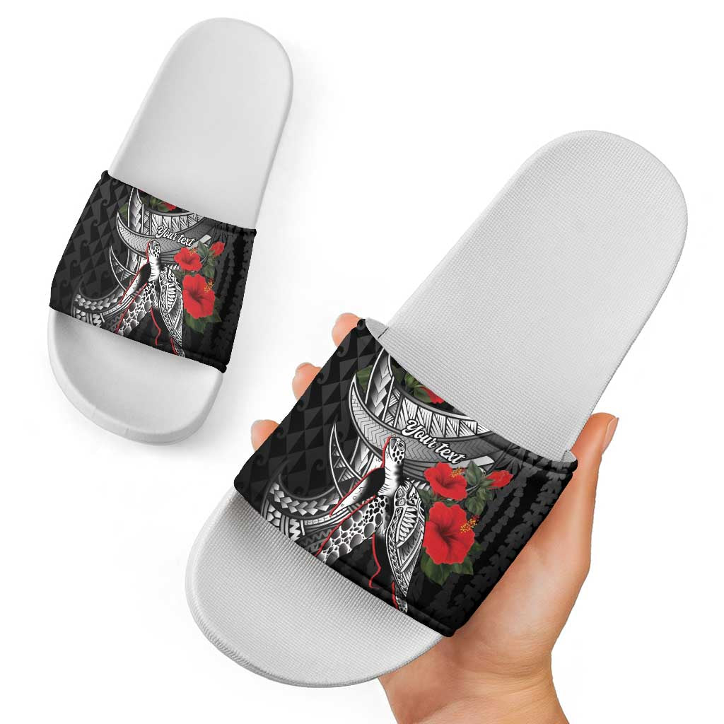 Hawaiian Honu Personalized Slide Sandals Black Tribal Hook Pattern