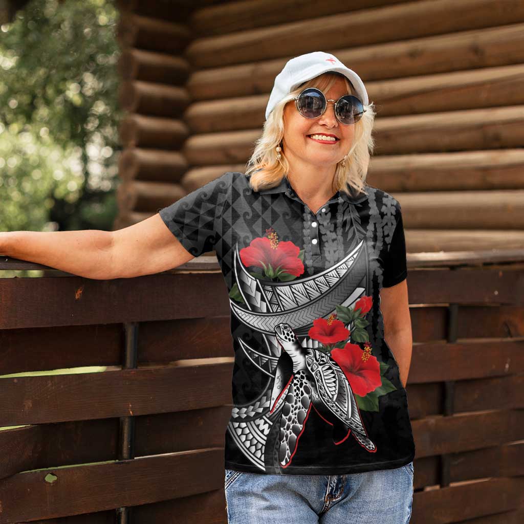 Hawaiian Honu Personalized Women Polo Shirt Black Tribal Hook Pattern