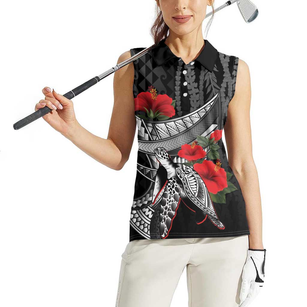Hawaiian Honu Personalized Women Sleeveless Polo Shirt Black Tribal Hook Pattern
