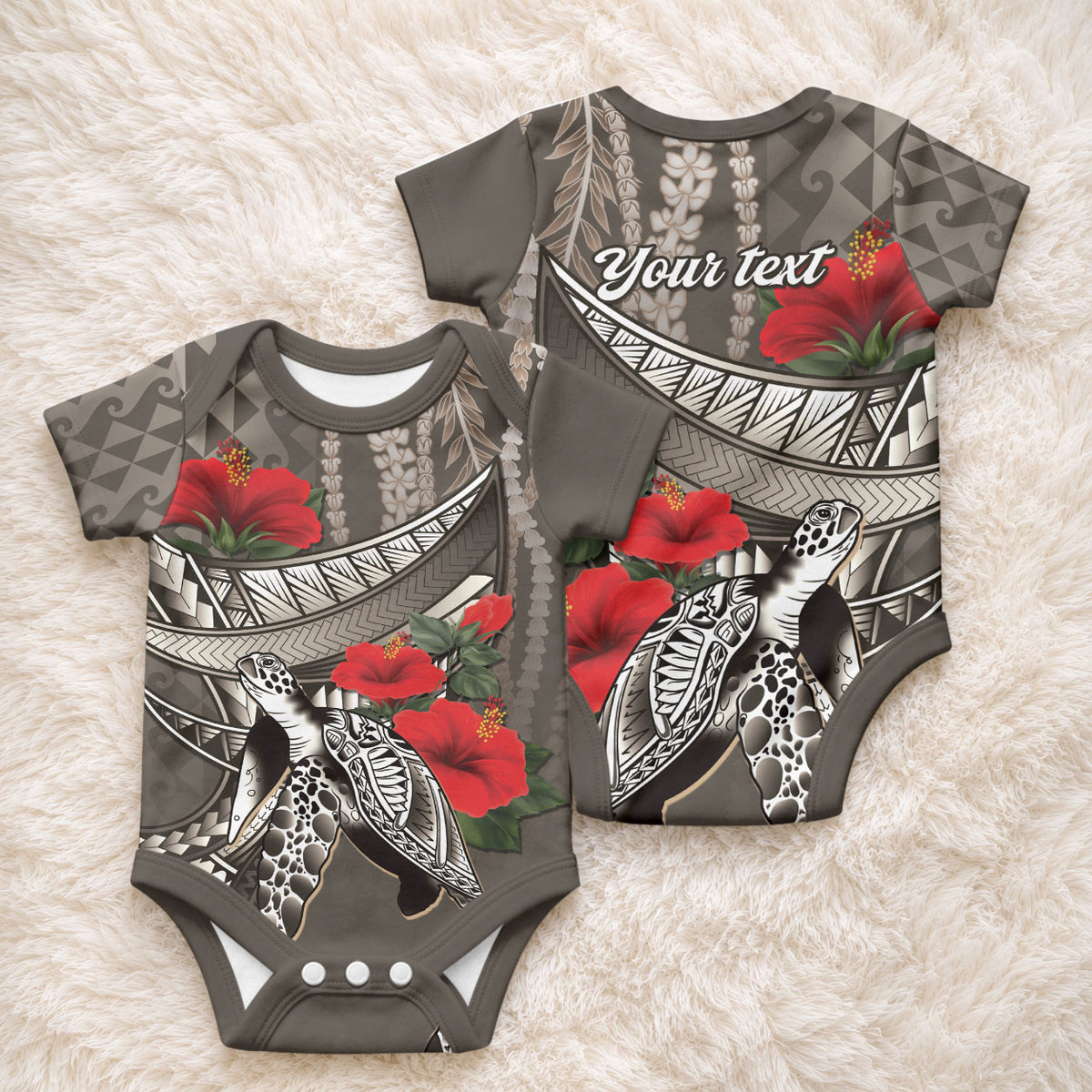 Hawaiian Honu Personalized Baby Onesie Mocha Mousse Hibiscus Tribal Hook Pattern LT9 - Polynesian Pride