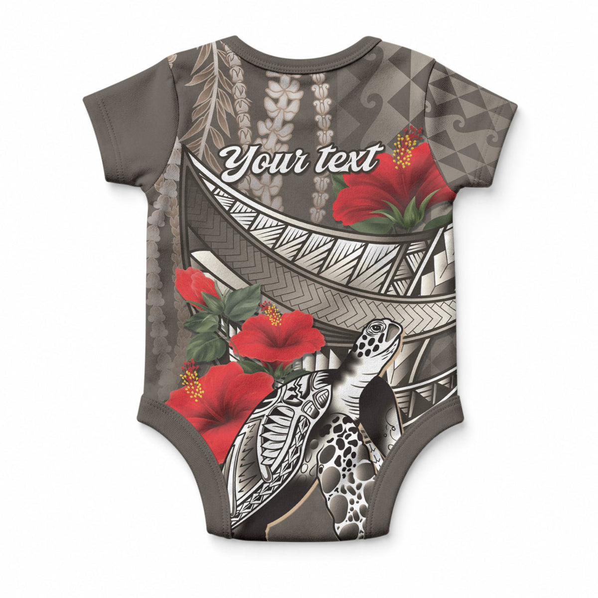 Hawaiian Honu Personalized Baby Onesie Mocha Mousse Hibiscus Tribal Hook Pattern LT9 - Polynesian Pride