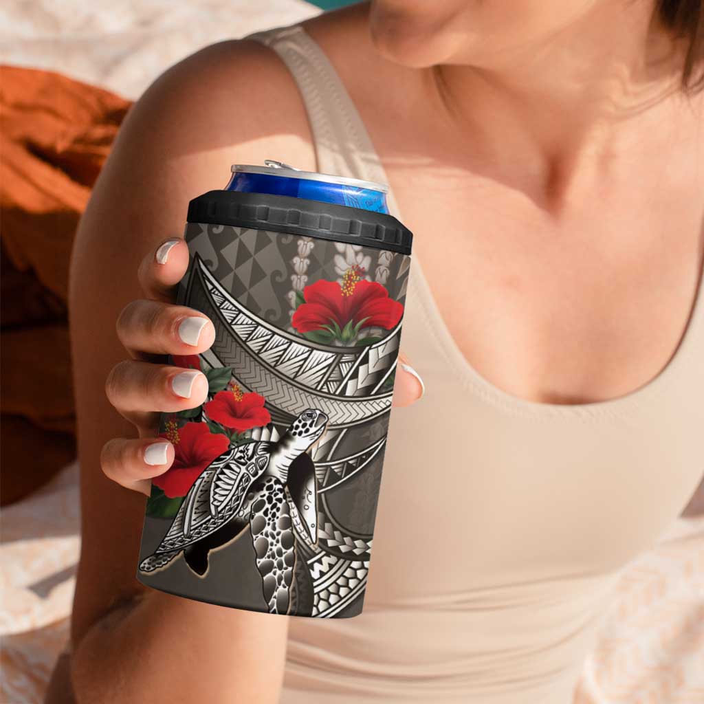 Hawaiian Honu Personalized 4 in 1 Can Cooler Tumbler Mocha Mousse Hibiscus Tribal Hook Pattern