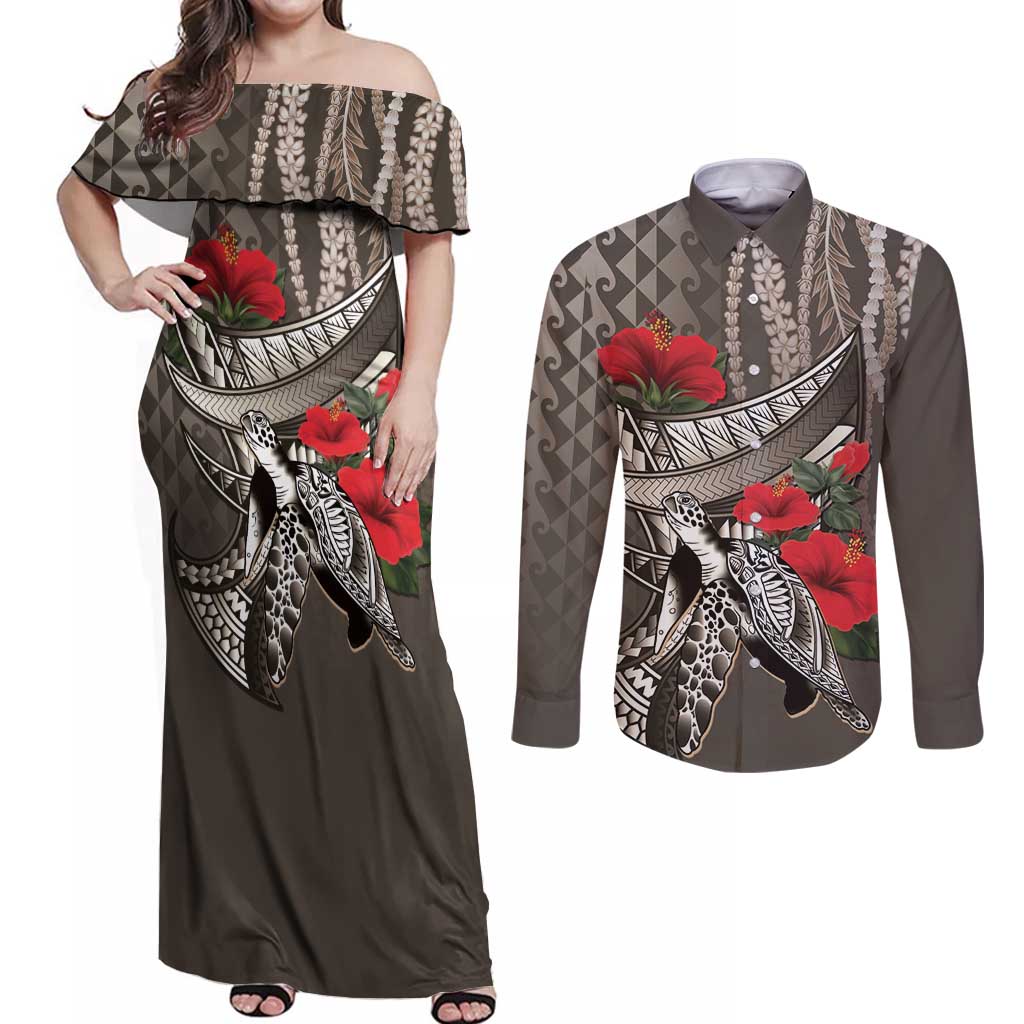 Hawaiian Honu Personalized Couples Matching Off Shoulder Maxi Dress and Long Sleeve Button Shirt Mocha Mousse Hibiscus Tribal Hook Pattern