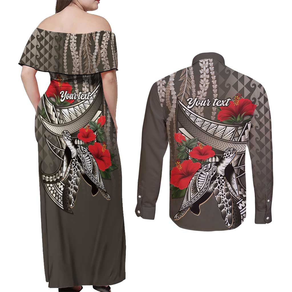 Hawaiian Honu Personalized Couples Matching Off Shoulder Maxi Dress and Long Sleeve Button Shirt Mocha Mousse Hibiscus Tribal Hook Pattern