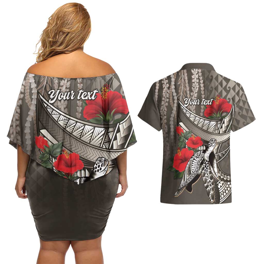 Hawaiian Honu Personalized Couples Matching Off Shoulder Short Dress and Hawaiian Shirt Mocha Mousse Hibiscus Tribal Hook Pattern