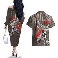 Hawaiian Honu Personalized Couples Matching Off The Shoulder Long Sleeve Dress and Hawaiian Shirt Mocha Mousse Hibiscus Tribal Hook Pattern