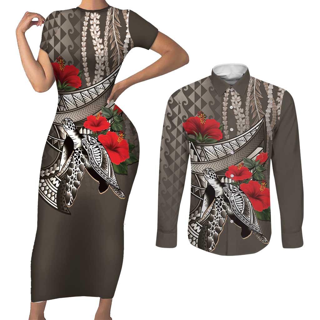 Hawaiian Honu Personalized Couples Matching Short Sleeve Bodycon Dress and Long Sleeve Button Shirt Mocha Mousse Hibiscus Tribal Hook Pattern