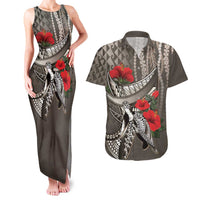 Hawaiian Honu Personalized Couples Matching Tank Maxi Dress and Hawaiian Shirt Mocha Mousse Hibiscus Tribal Hook Pattern