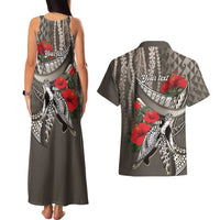 Hawaiian Honu Personalized Couples Matching Tank Maxi Dress and Hawaiian Shirt Mocha Mousse Hibiscus Tribal Hook Pattern
