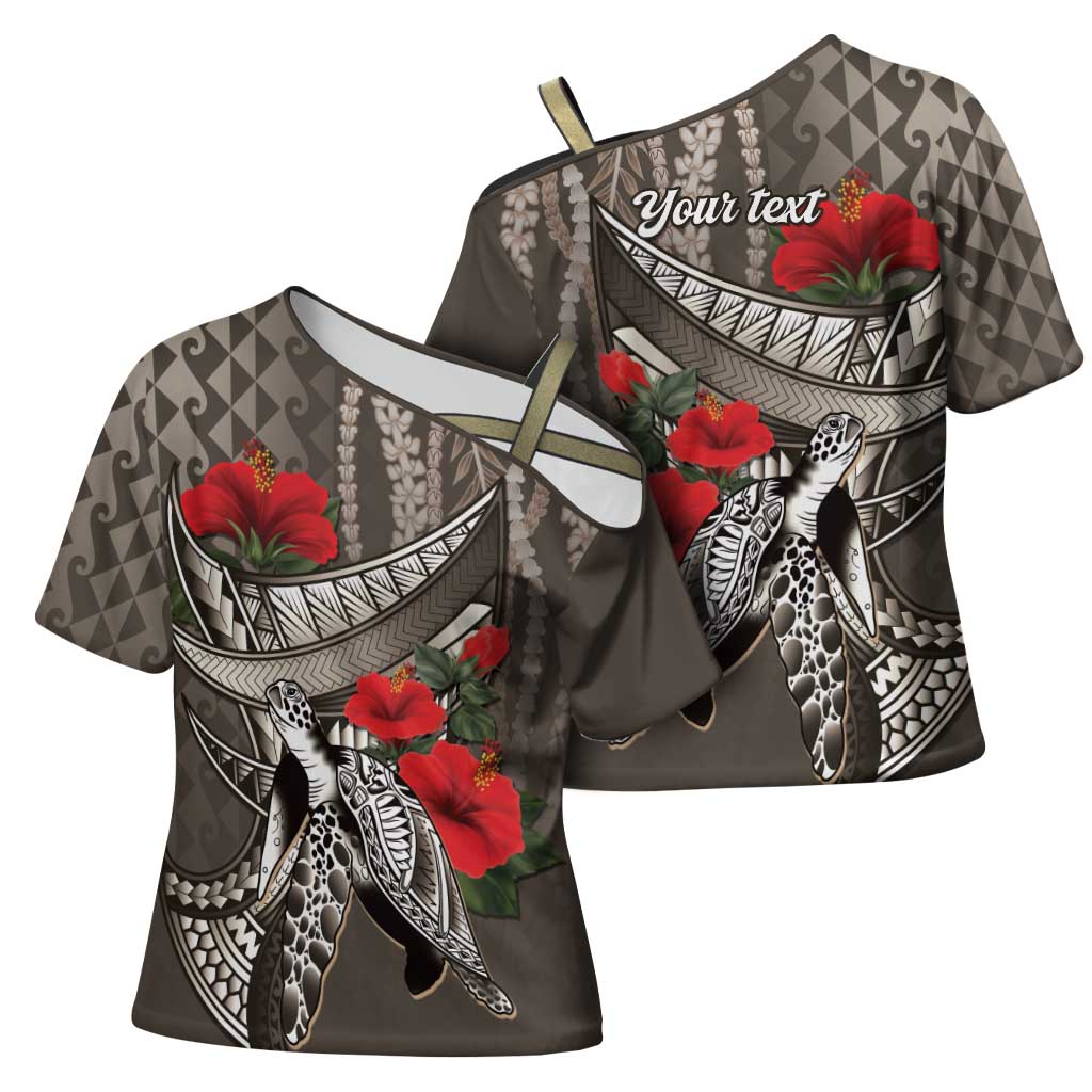 Hawaiian Honu Personalized Cross Shoulder Shirt Mocha Mousse Hibiscus Tribal Hook Pattern