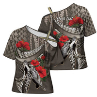 Hawaiian Honu Personalized Cross Shoulder Shirt Mocha Mousse Hibiscus Tribal Hook Pattern