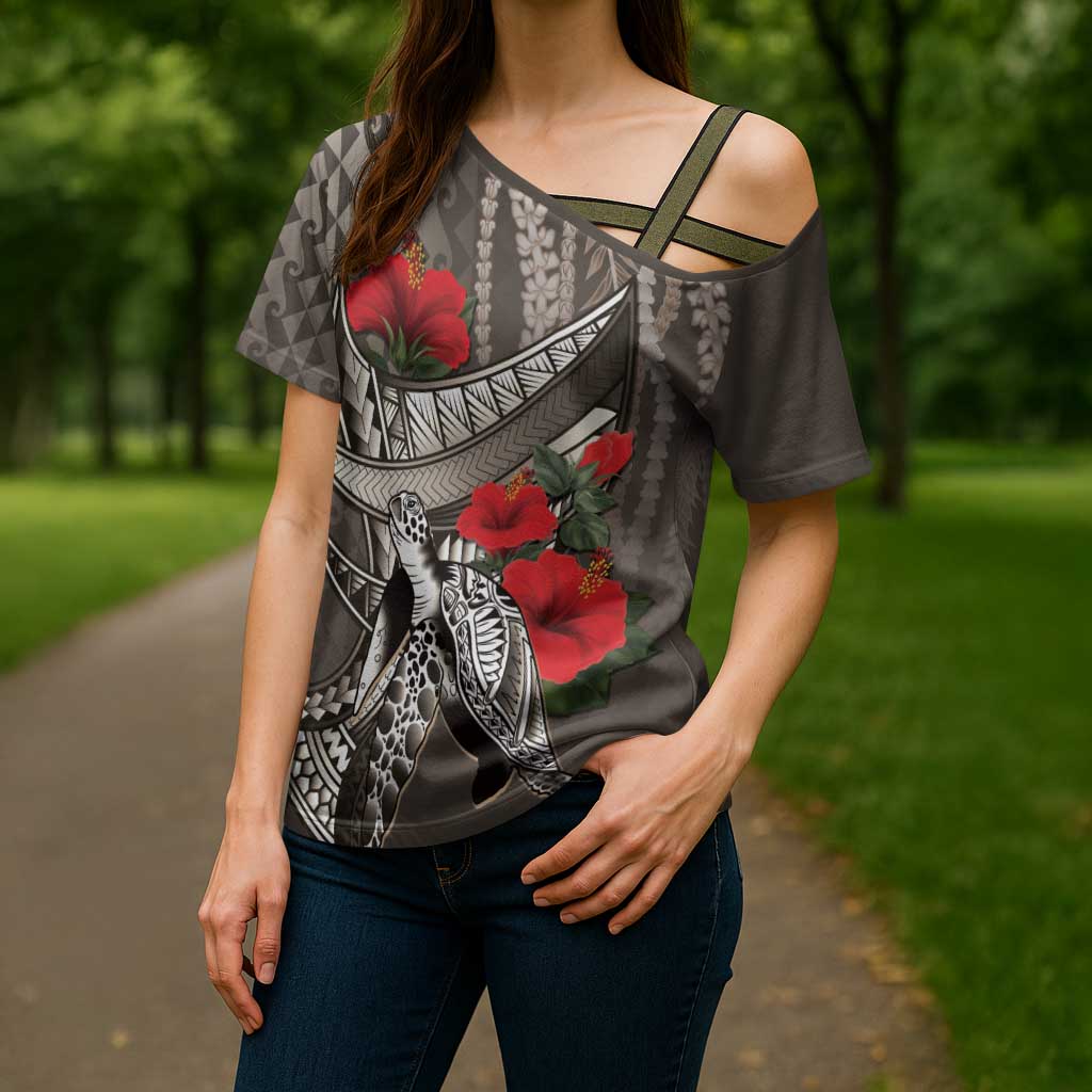Hawaiian Honu Personalized Cross Shoulder Shirt Mocha Mousse Hibiscus Tribal Hook Pattern