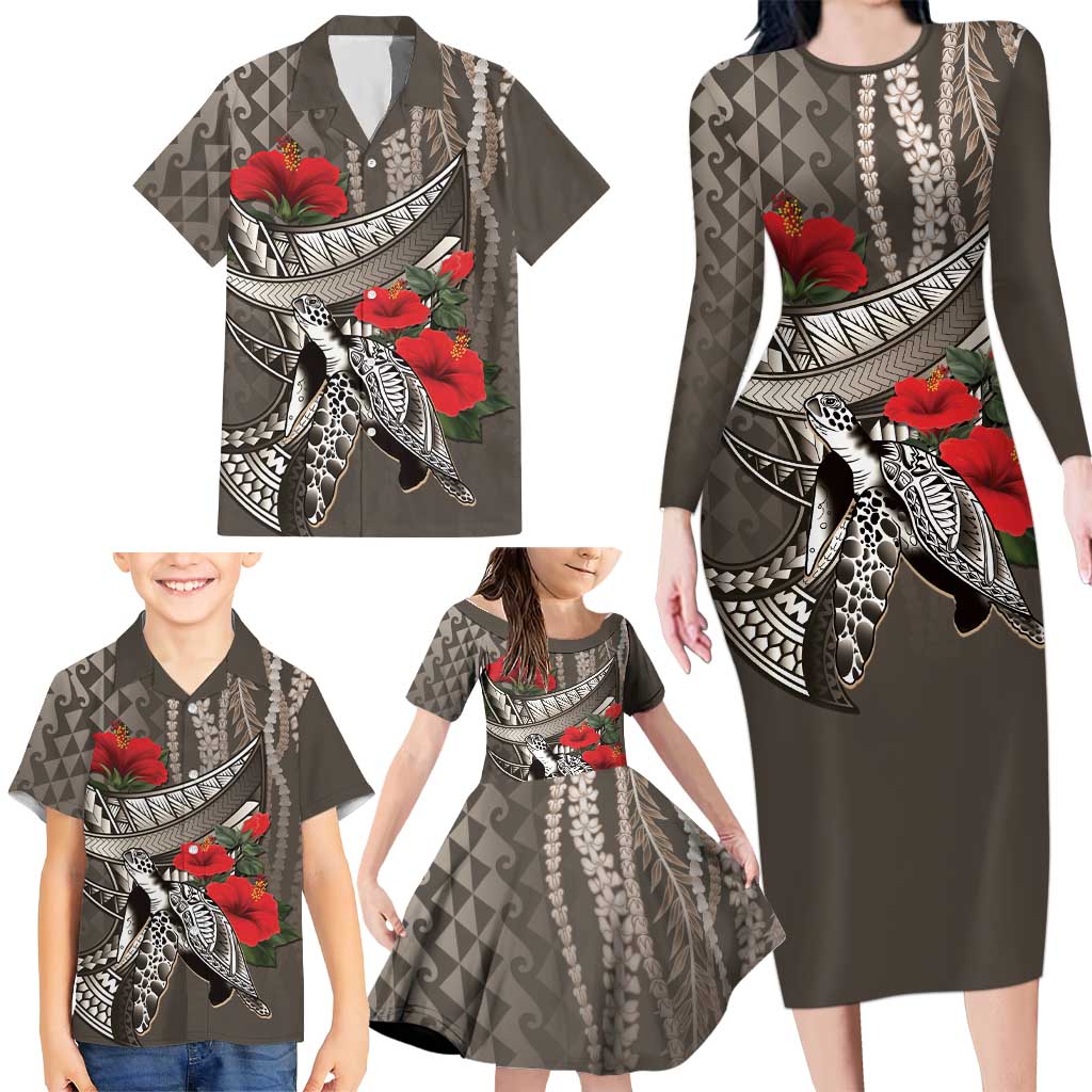 Hawaiian Honu Personalized Family Matching Long Sleeve Bodycon Dress and Hawaiian Shirt Mocha Mousse Hibiscus Tribal Hook Pattern