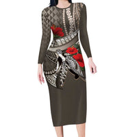 Hawaiian Honu Personalized Family Matching Long Sleeve Bodycon Dress and Hawaiian Shirt Mocha Mousse Hibiscus Tribal Hook Pattern