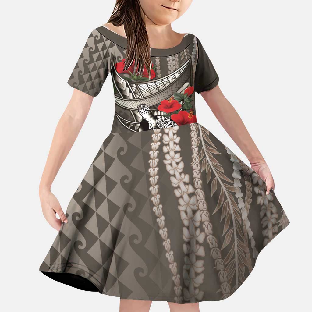 Hawaiian Honu Personalized Family Matching Mermaid Dress and Hawaiian Shirt Mocha Mousse Hibiscus Tribal Hook Pattern LT9 Daughter's Dress Mocha - Polynesian Pride