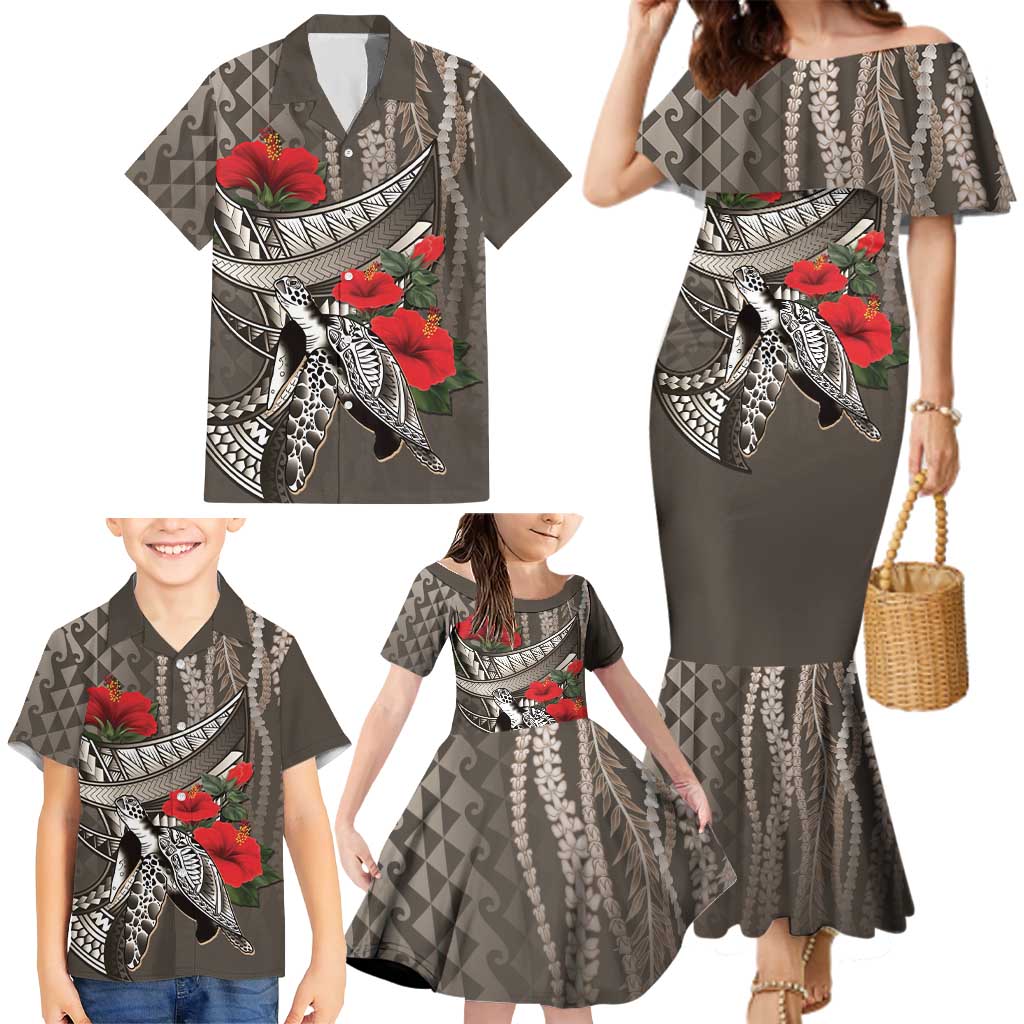 Hawaiian Honu Personalized Family Matching Mermaid Dress and Hawaiian Shirt Mocha Mousse Hibiscus Tribal Hook Pattern LT9 - Polynesian Pride