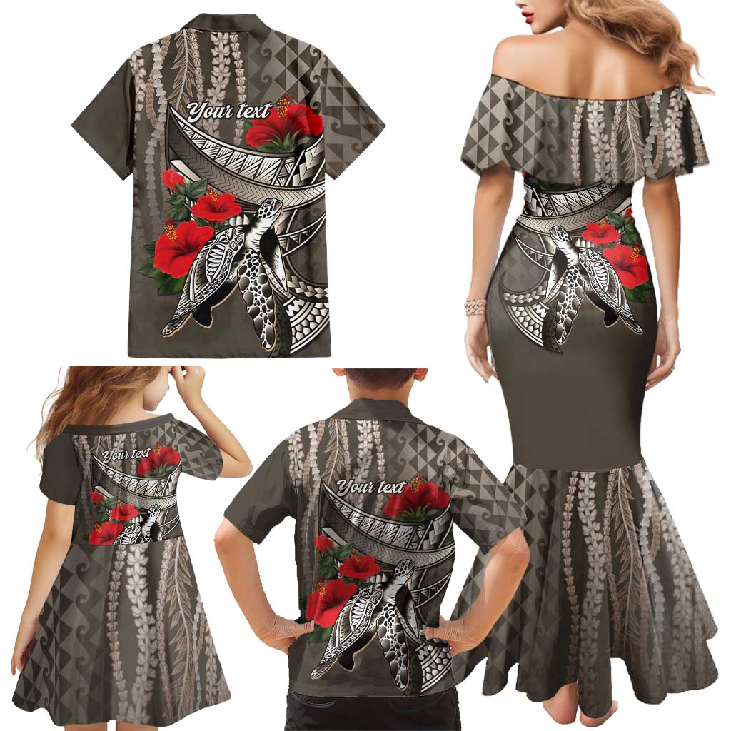 Hawaiian Honu Personalized Family Matching Mermaid Dress and Hawaiian Shirt Mocha Mousse Hibiscus Tribal Hook Pattern LT9 - Polynesian Pride