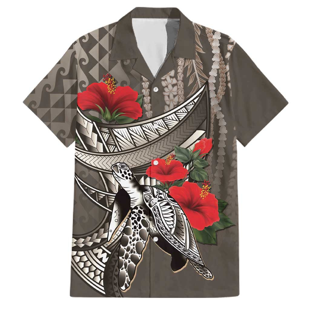 Hawaiian Honu Personalized Family Matching Mermaid Dress and Hawaiian Shirt Mocha Mousse Hibiscus Tribal Hook Pattern LT9 Dad's Shirt - Short Sleeve Mocha - Polynesian Pride