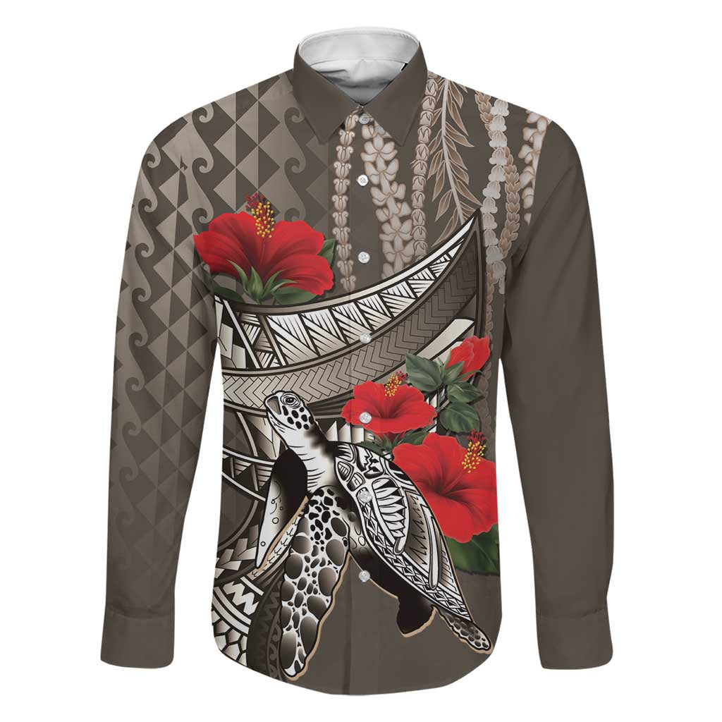 Hawaiian Honu Personalized Family Matching Mermaid Dress and Hawaiian Shirt Mocha Mousse Hibiscus Tribal Hook Pattern LT9 Dad's Shirt - Long Sleeve Mocha - Polynesian Pride