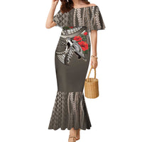 Hawaiian Honu Personalized Family Matching Mermaid Dress and Hawaiian Shirt Mocha Mousse Hibiscus Tribal Hook Pattern LT9 Mom's Dress Mocha - Polynesian Pride