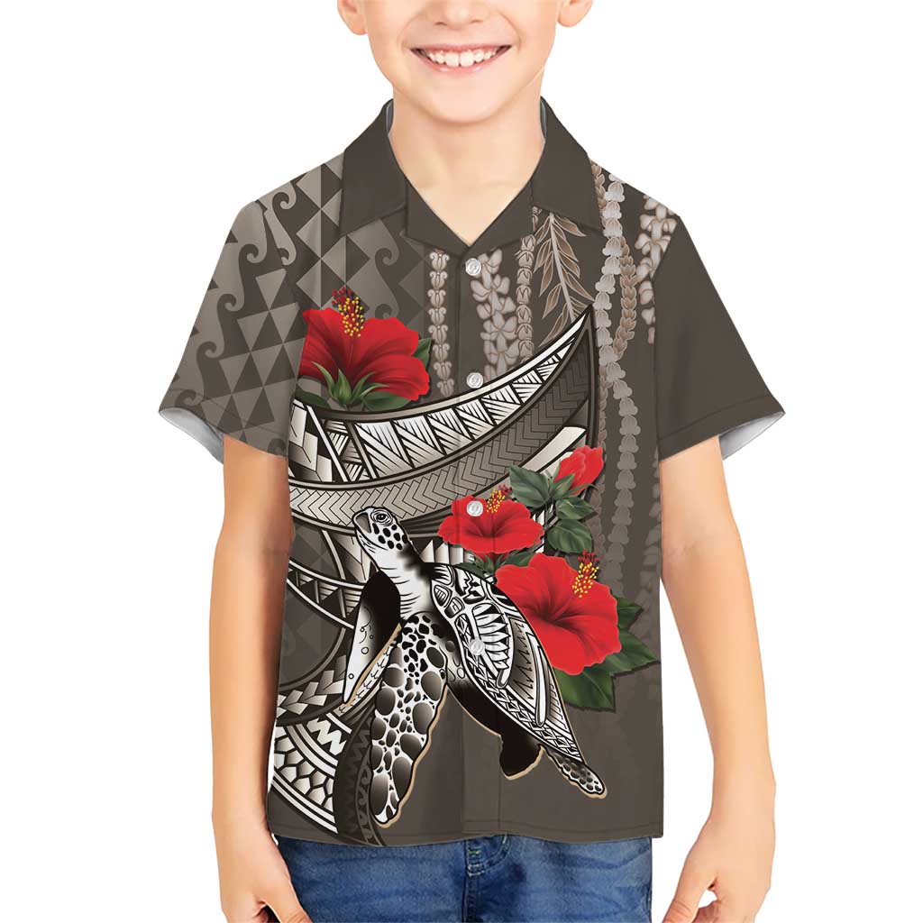 Hawaiian Honu Personalized Family Matching Mermaid Dress and Hawaiian Shirt Mocha Mousse Hibiscus Tribal Hook Pattern LT9 Son's Shirt Mocha - Polynesian Pride