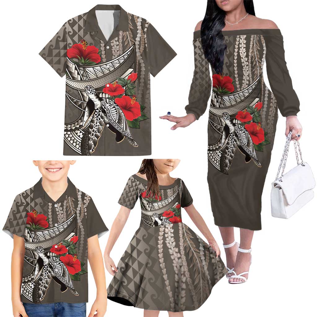 Hawaiian Honu Personalized Family Matching Off The Shoulder Long Sleeve Dress and Hawaiian Shirt Mocha Mousse Hibiscus Tribal Hook Pattern