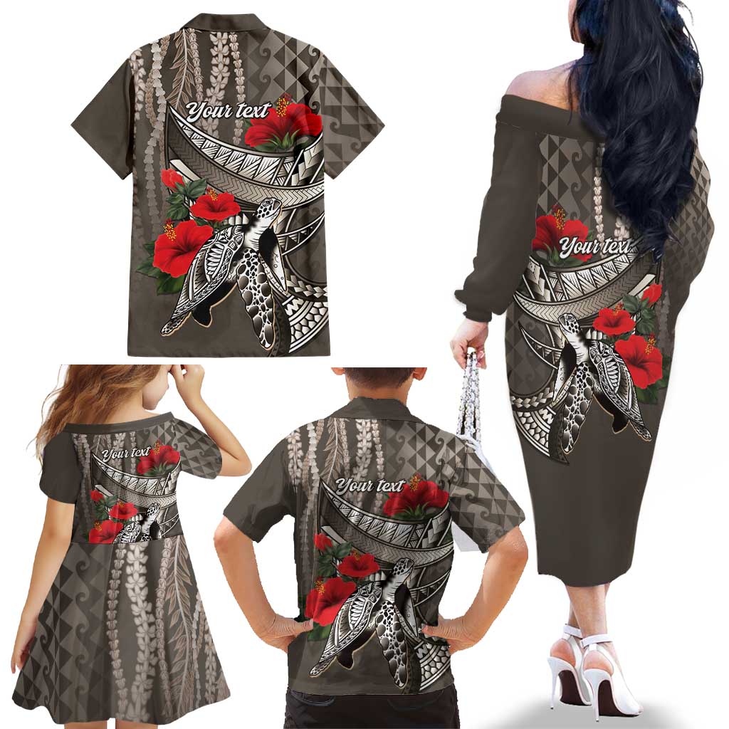 Hawaiian Honu Personalized Family Matching Off The Shoulder Long Sleeve Dress and Hawaiian Shirt Mocha Mousse Hibiscus Tribal Hook Pattern