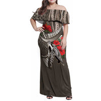 Hawaiian Honu Personalized Family Matching Off Shoulder Maxi Dress and Hawaiian Shirt Mocha Mousse Hibiscus Tribal Hook Pattern