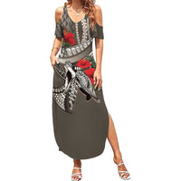 Hawaiian Honu Personalized Family Matching Summer Maxi Dress and Hawaiian Shirt Mocha Mousse Hibiscus Tribal Hook Pattern