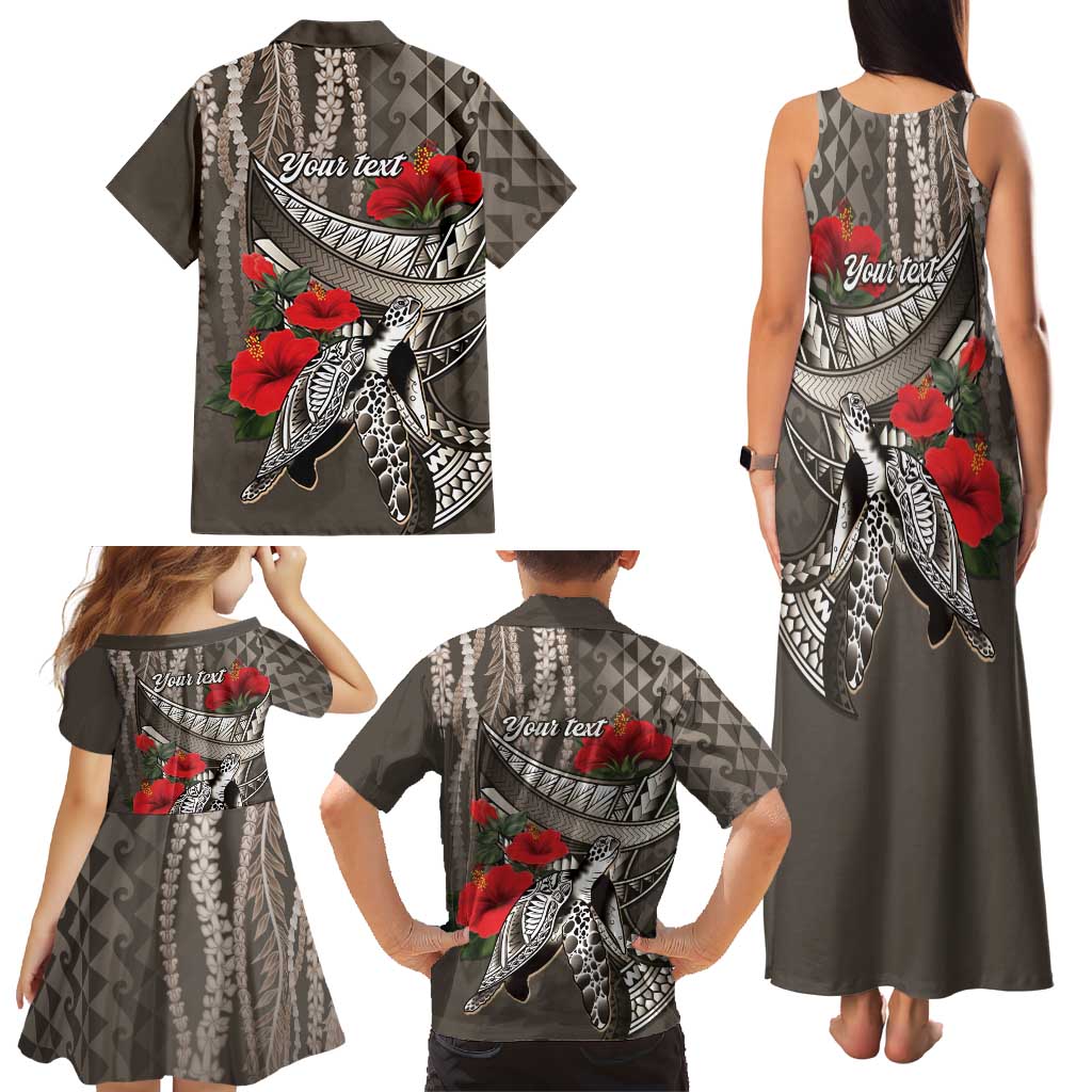 Hawaiian Honu Personalized Family Matching Tank Maxi Dress and Hawaiian Shirt Mocha Mousse Hibiscus Tribal Hook Pattern