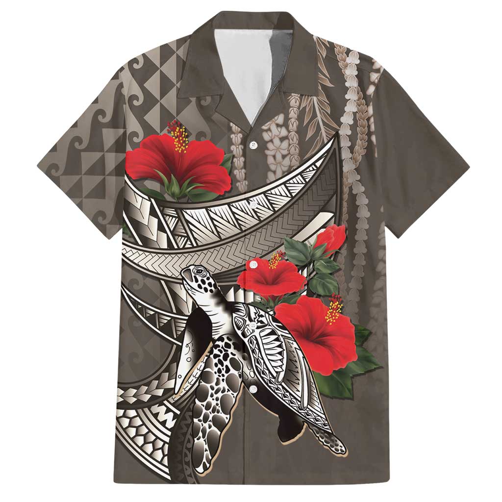 Hawaiian Honu Personalized Hawaiian Shirt Mocha Mousse Hibiscus Tribal Hook Pattern