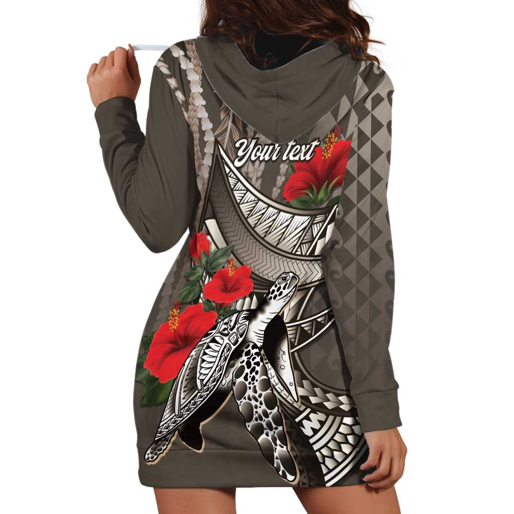 Hawaiian Honu Personalized Hoodie Dress Mocha Mousse Hibiscus Tribal Hook Pattern