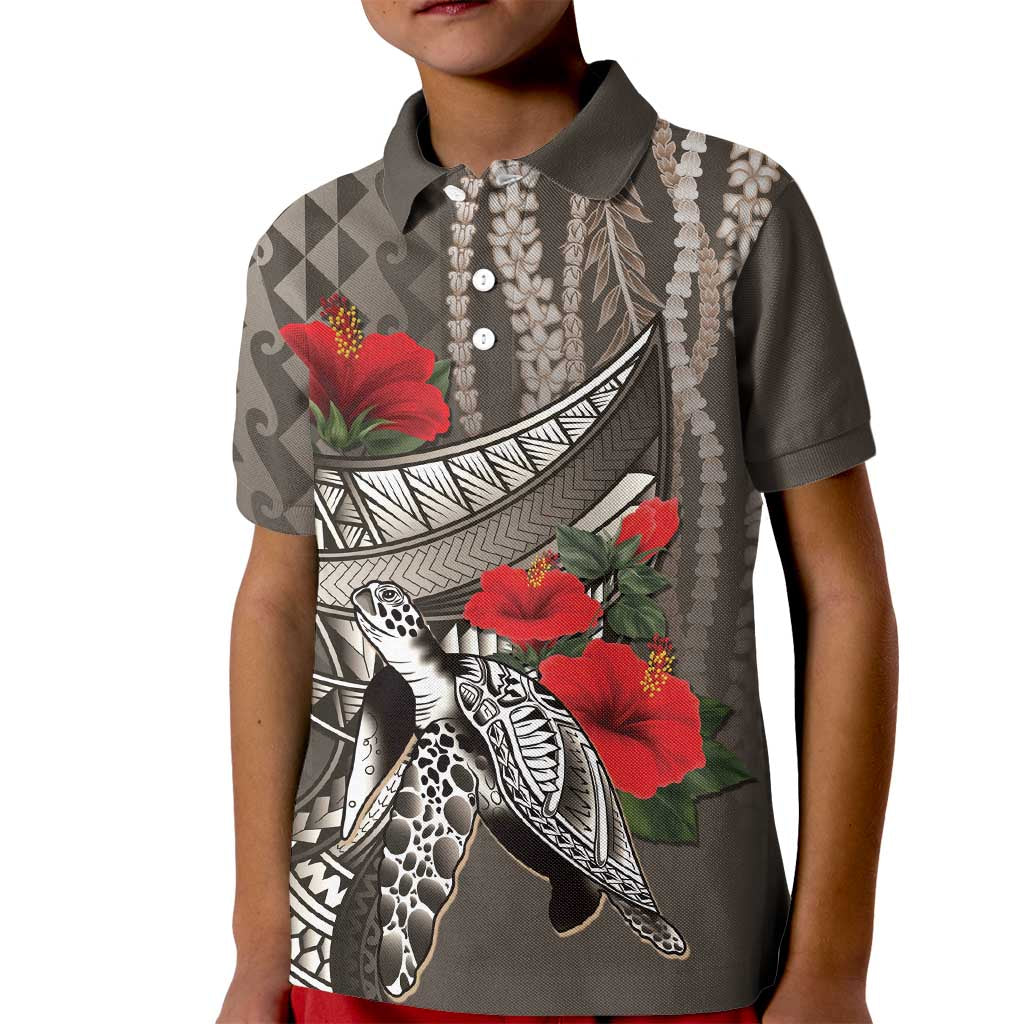 Hawaiian Honu Personalized Kid Polo Shirt Mocha Mousse Hibiscus Tribal Hook Pattern