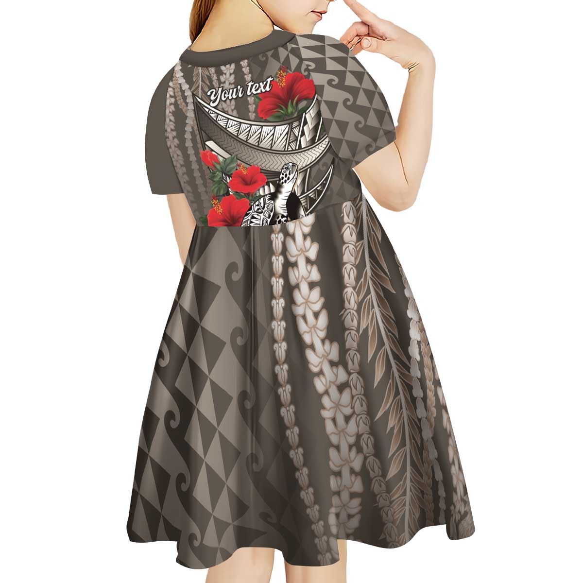 Hawaiian Honu Personalized Kid Short Sleeve Dress Mocha Mousse Hibiscus Tribal Hook Pattern