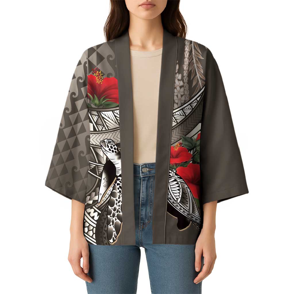 Hawaiian Honu Personalized Kimono Mocha Mousse Hibiscus Tribal Hook Pattern