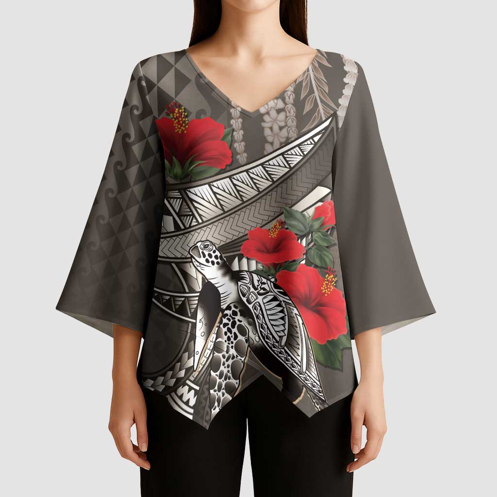 Hawaiian Honu Personalized Kimono Sleeve Blouse Mocha Mousse Hibiscus Tribal Hook Pattern
