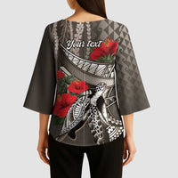 Hawaiian Honu Personalized Kimono Sleeve Blouse Mocha Mousse Hibiscus Tribal Hook Pattern
