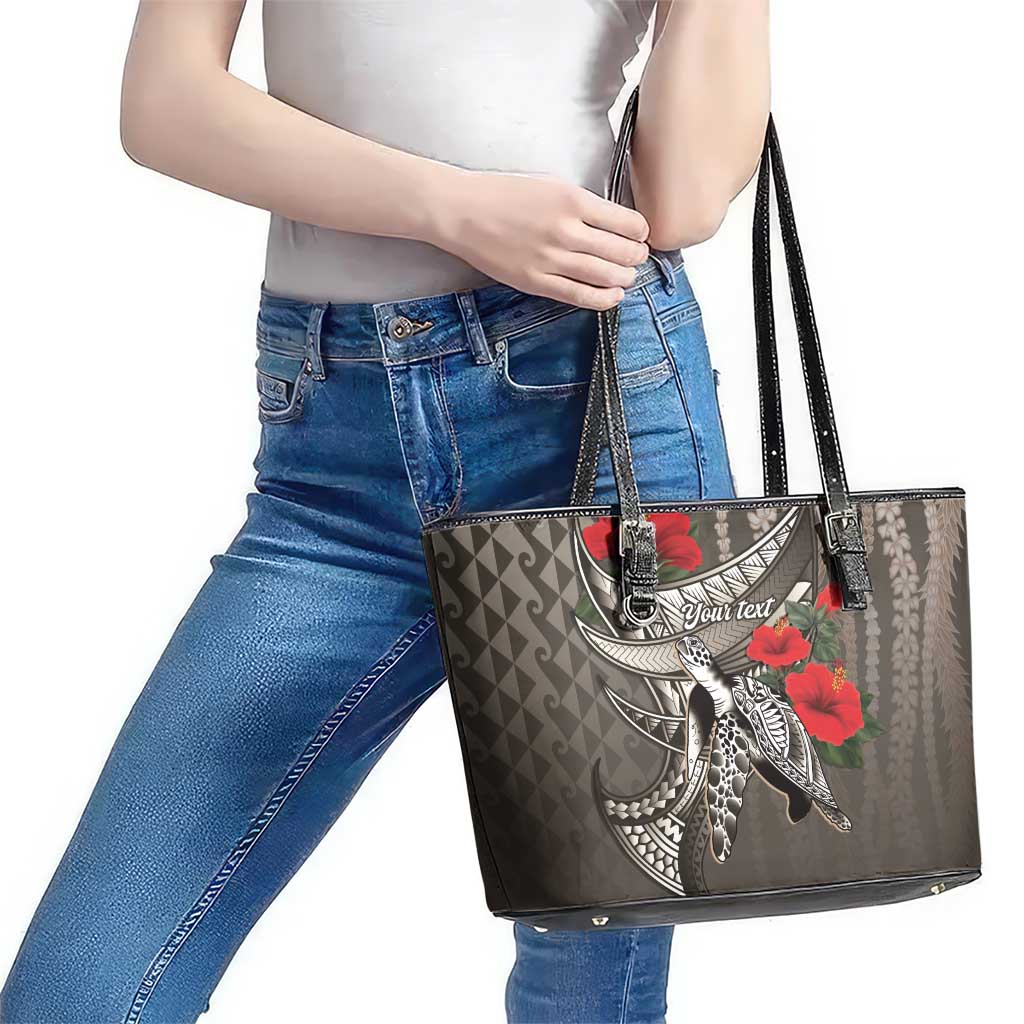 Hawaiian Honu Personalized Leather Tote Bag Mocha Mousse Hibiscus Tribal Hook Pattern