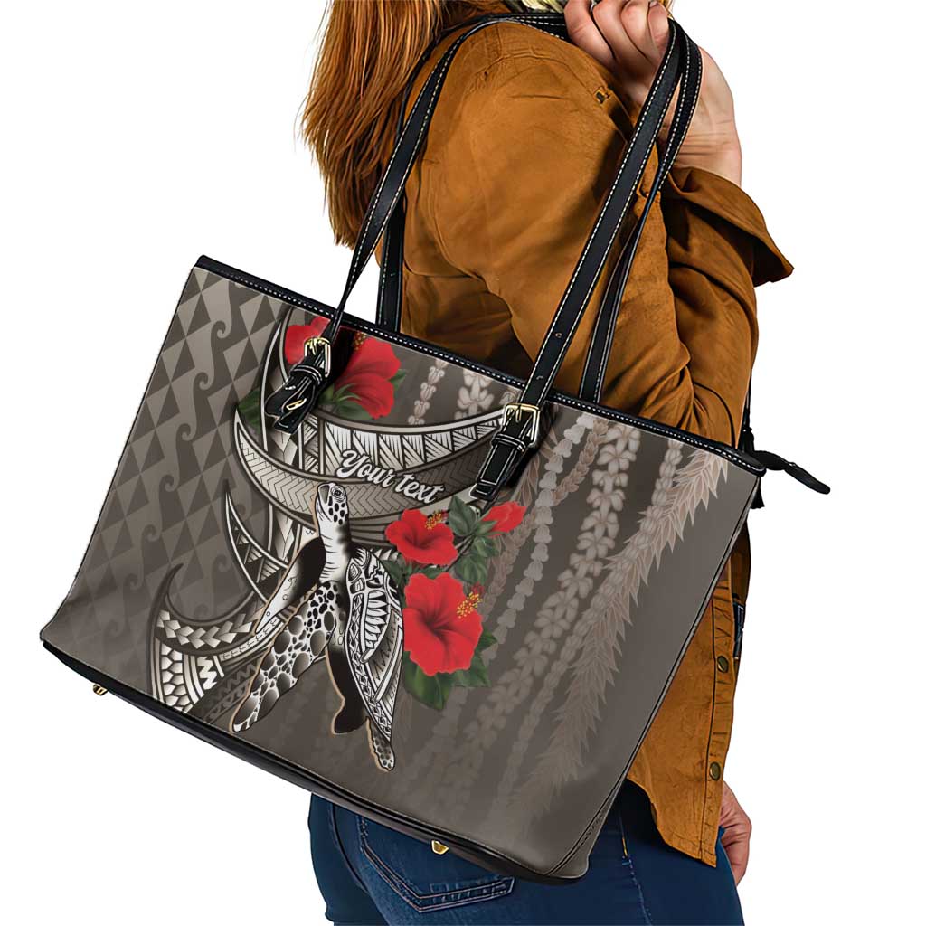 Hawaiian Honu Personalized Leather Tote Bag Mocha Mousse Hibiscus Tribal Hook Pattern