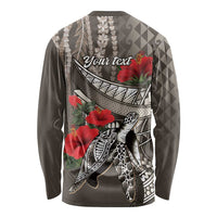 Hawaiian Honu Personalized Long Sleeve Shirt Mocha Mousse Hibiscus Tribal Hook Pattern