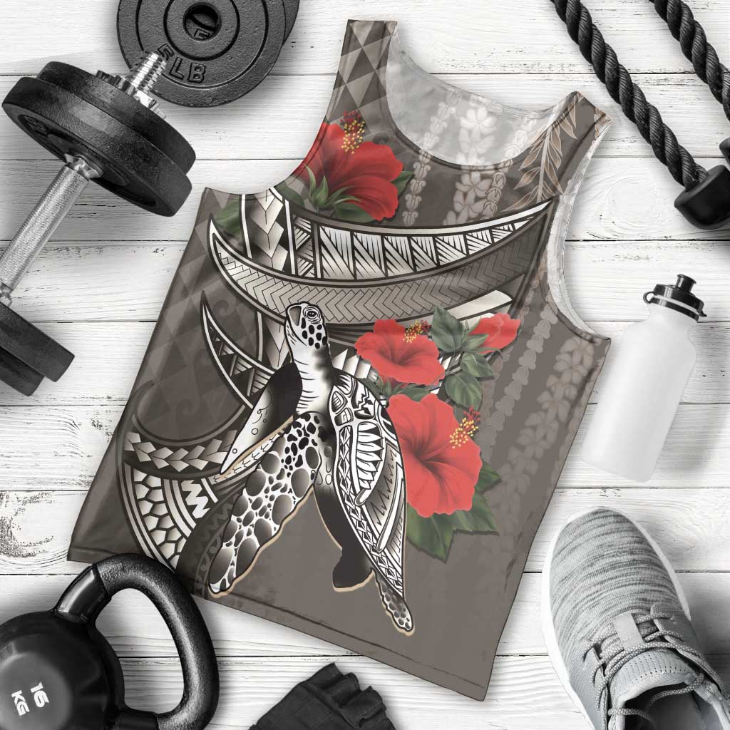 Hawaiian Honu Personalized Men Tank Top Mocha Mousse Hibiscus Tribal Hook Pattern