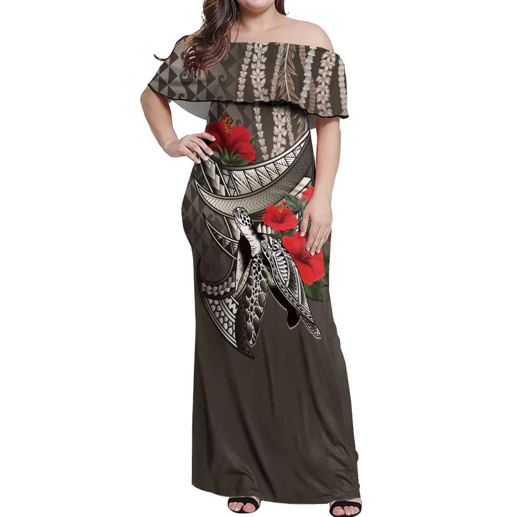 Hawaiian Honu Personalized Off Shoulder Maxi Dress Mocha Mousse Hibiscus Tribal Hook Pattern