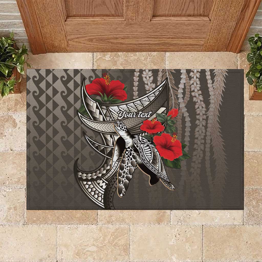 Hawaiian Honu Personalized Rubber Doormat Mocha Mousse Hibiscus Tribal Hook Pattern