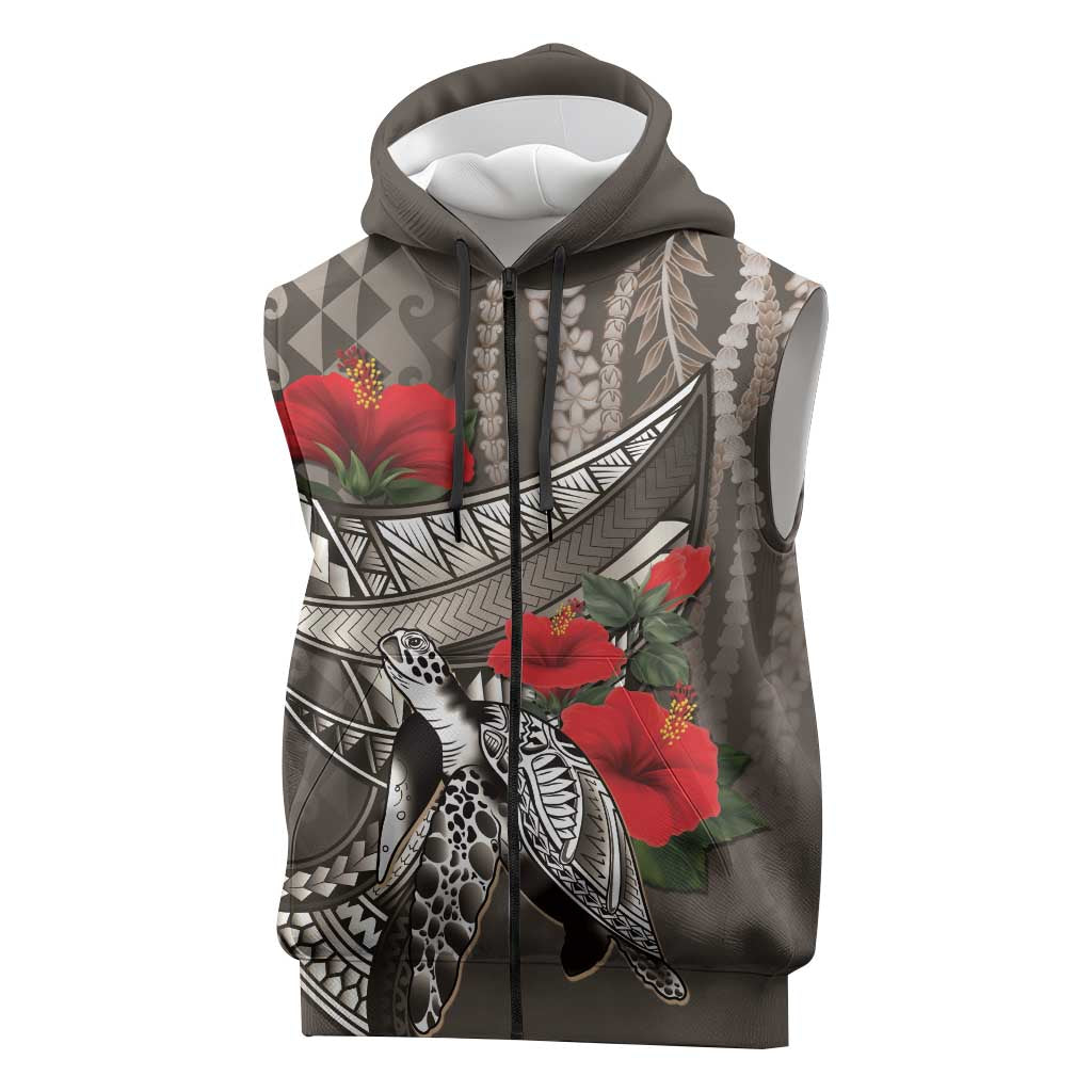 Hawaiian Honu Personalized Sleeveless Zip Hoodie Mocha Mousse Hibiscus Tribal Hook Pattern