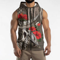 Hawaiian Honu Personalized Sleeveless Zip Hoodie Mocha Mousse Hibiscus Tribal Hook Pattern