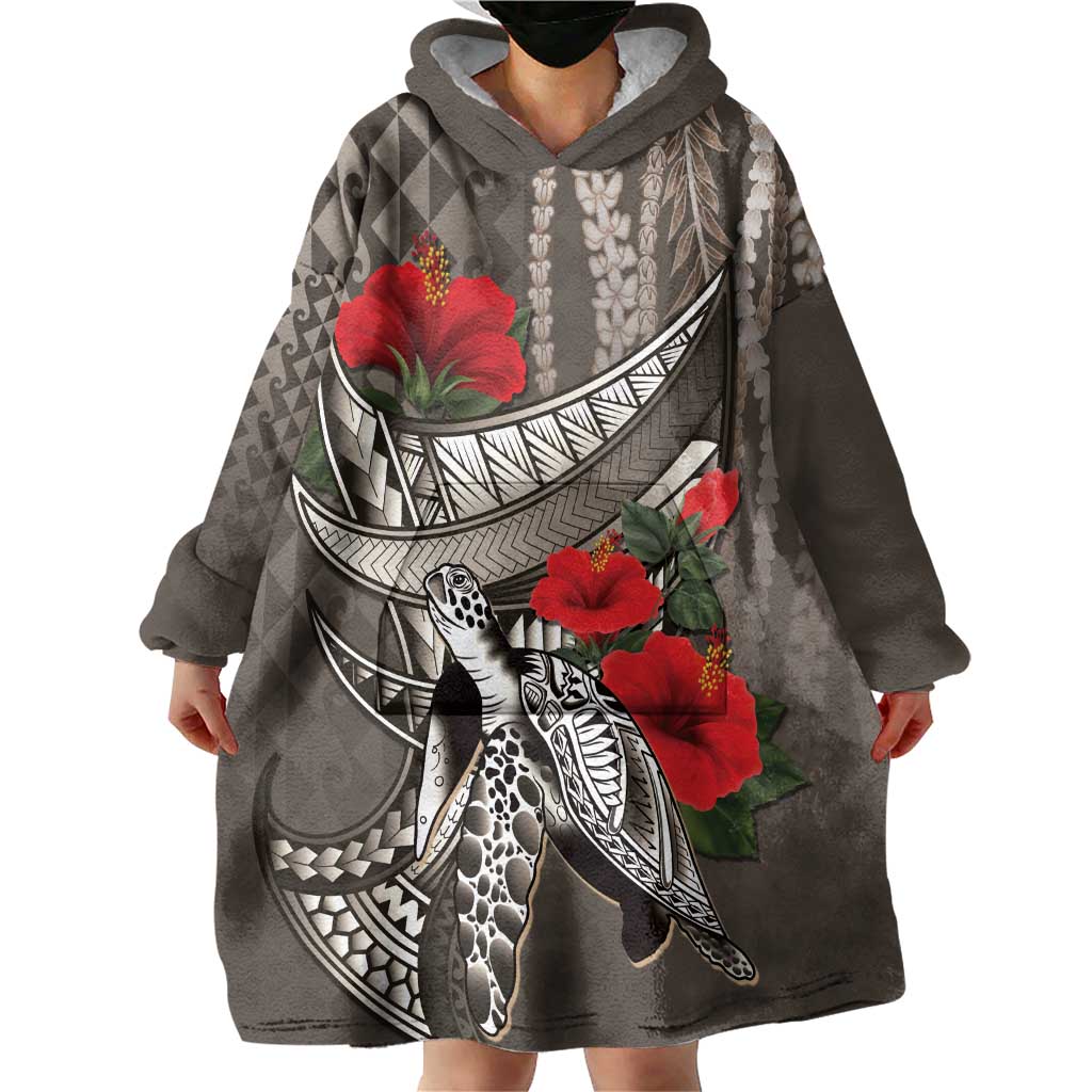 Hawaiian Honu Personalized Wearable Blanket Hoodie Mocha Mousse Hibiscus Tribal Hook Pattern